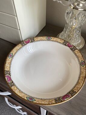 National Ivory Tan Band/Enclosed Roses & Black Scrolls Bowl